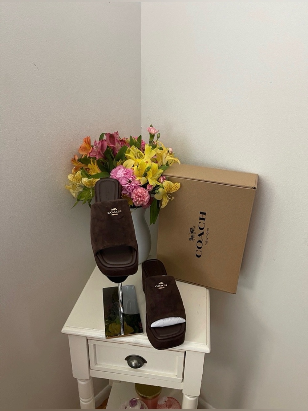 Coach Dark Brown Suede Platform Slide Wedges